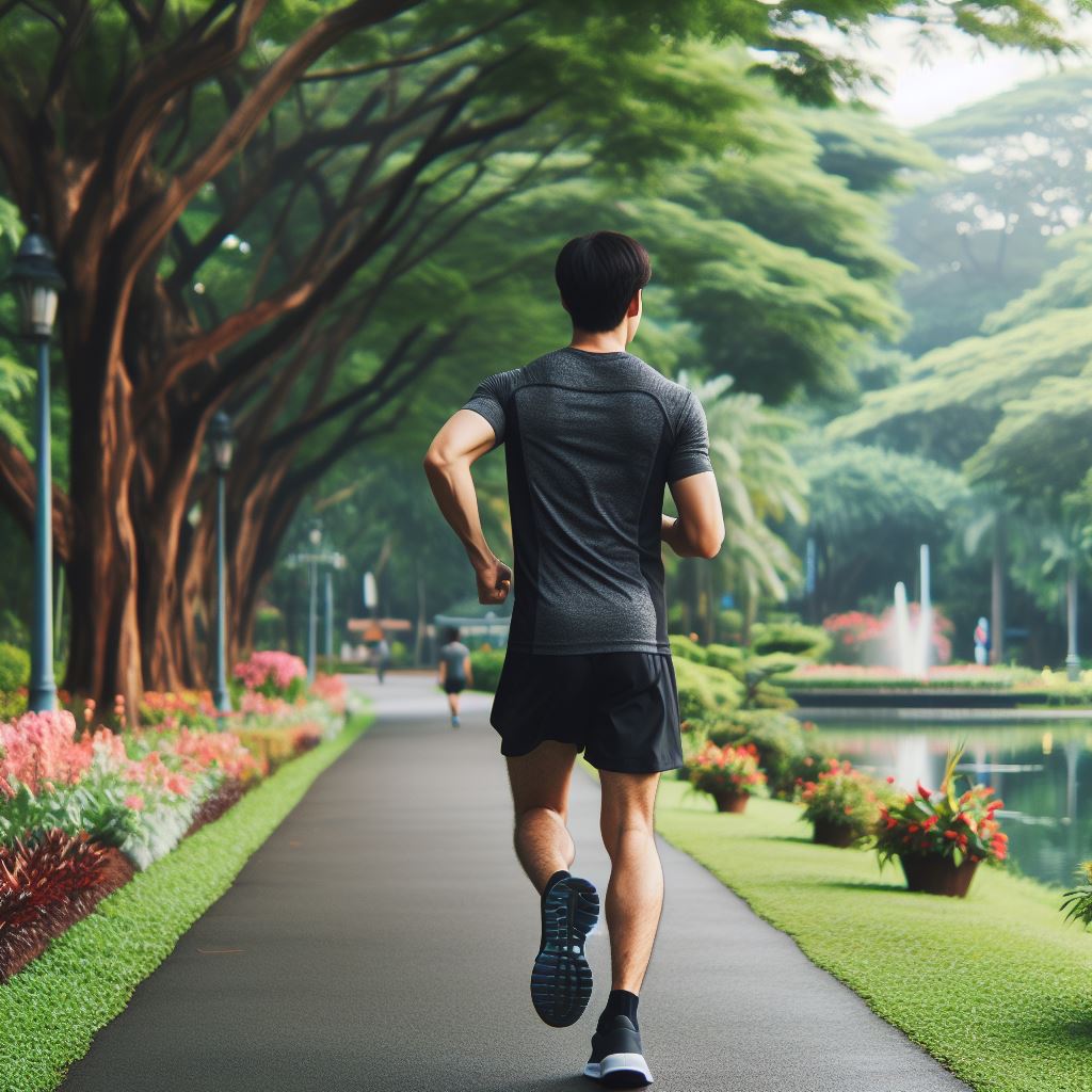 Runner running at a green park.