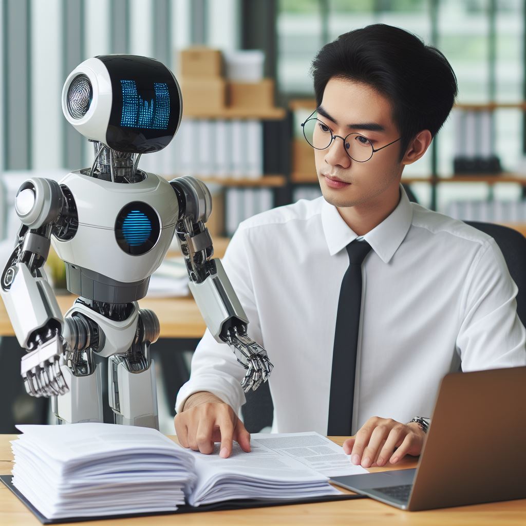 Man with robot analyzing documents